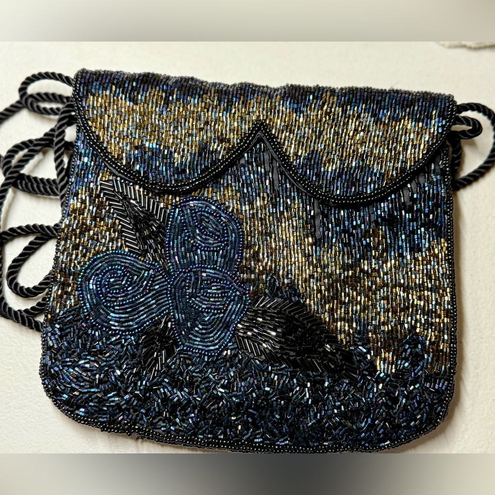 Elegant Vintage Beaded Evening Bag - Black, Blue, and Gold
